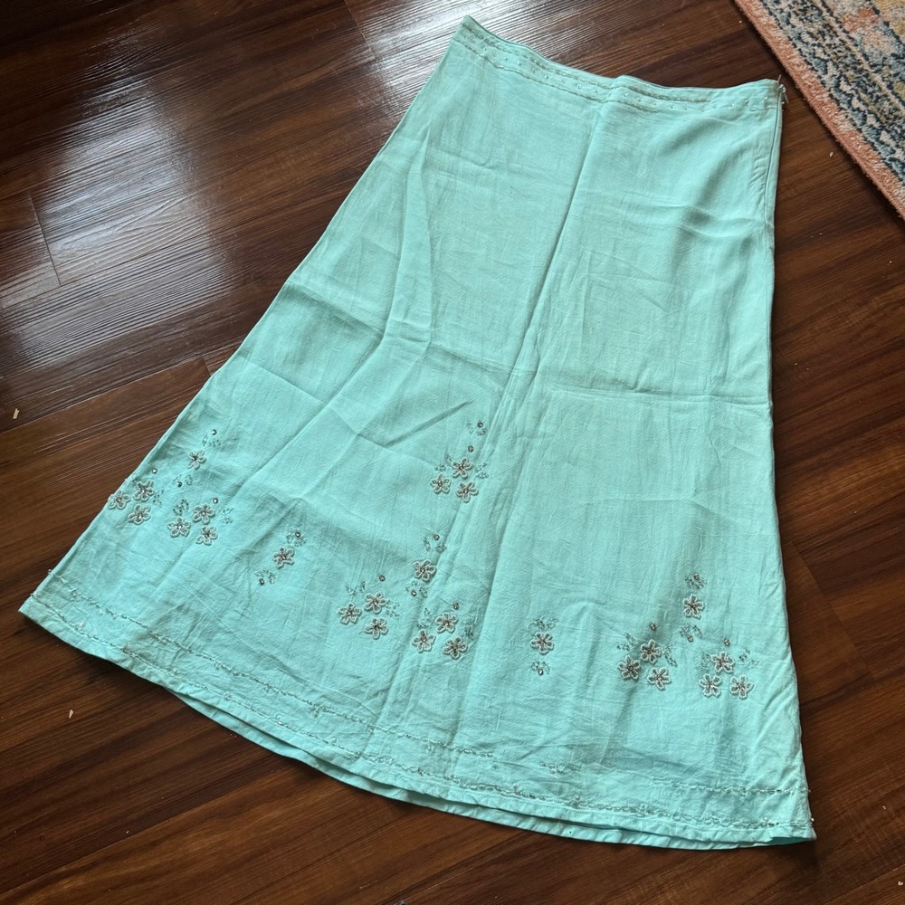 Papaya Vintage Aqua Blue Linen Blend Beaded Floral Maxi Skirt Size 14 Y2K